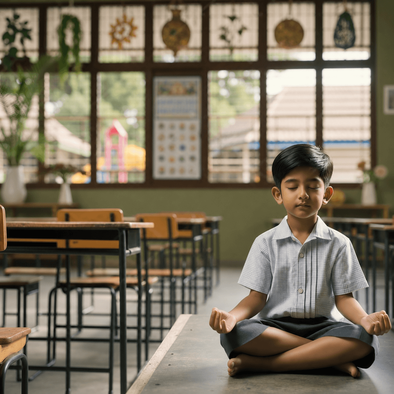 A young student sitting cross-legged in a quiet classroom, eyes closed, perfectly calm.