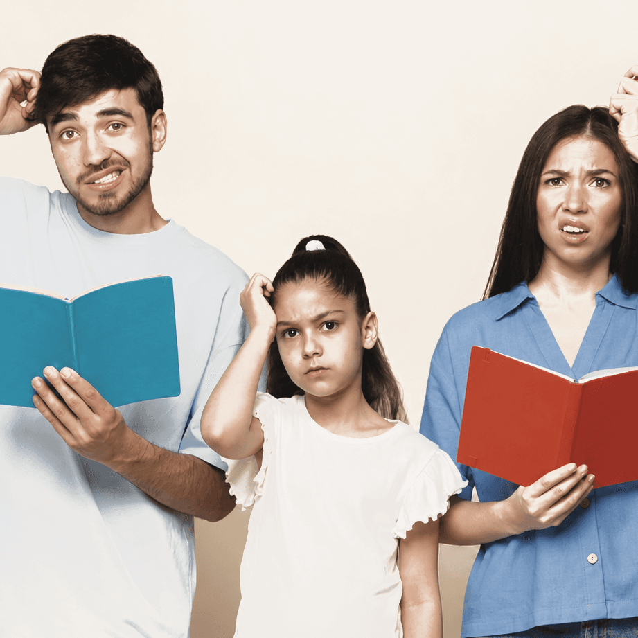 A puzzled mum and dad scratching their heads over open books, while their daughter looks on unimpressed.
